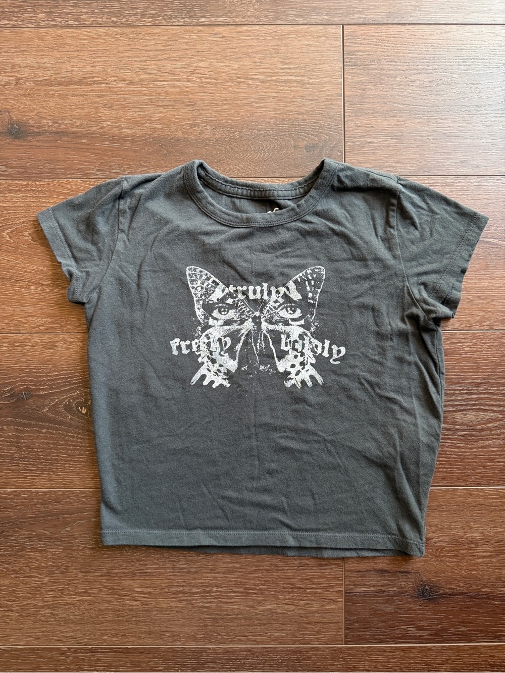 Hollister Dark Gray Cropped Tee with White Butterfly Graphic